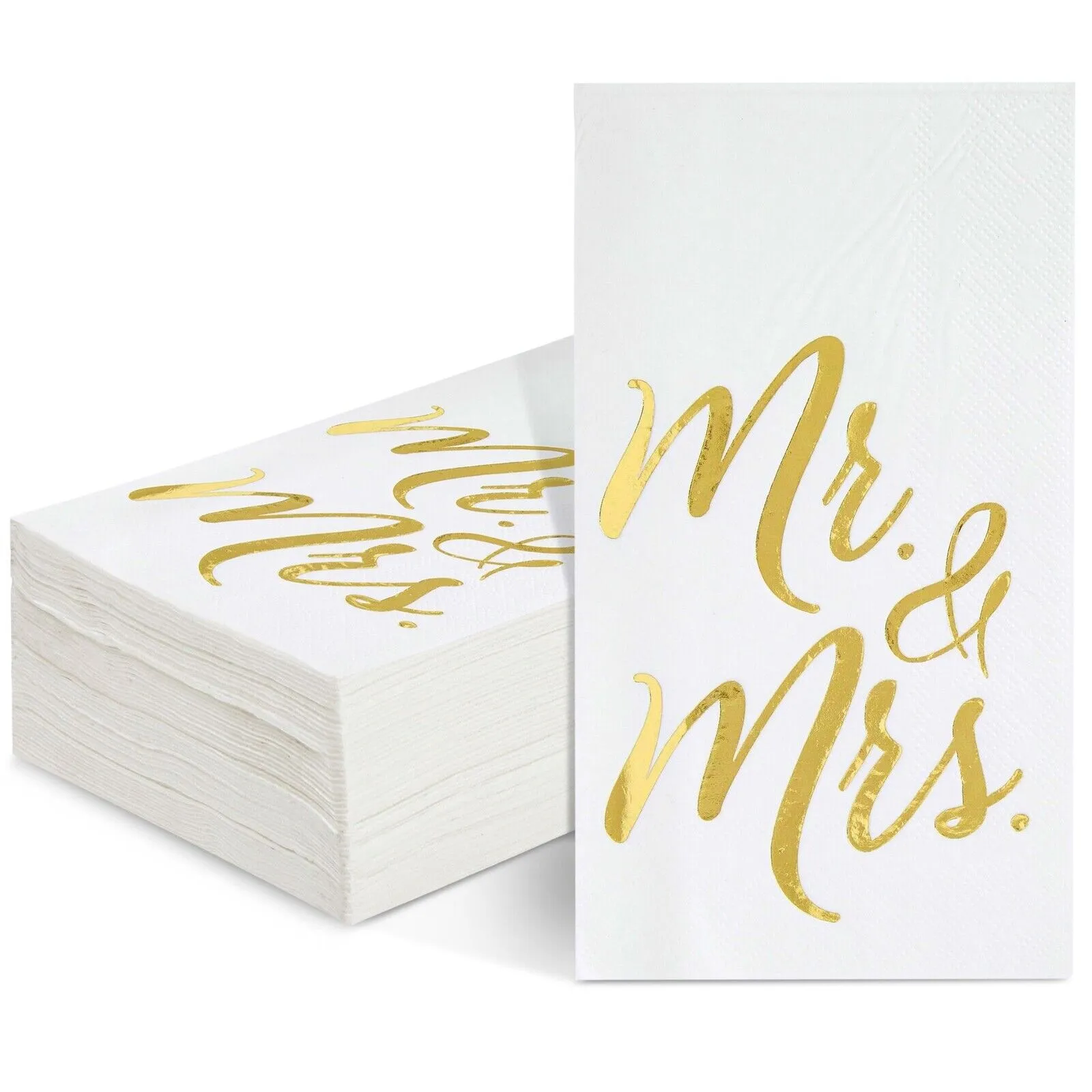 50 Pack White Mr and Mrs Dinner Napkins for Wedding, Anniversary, Gold Foil, 4x8 inches