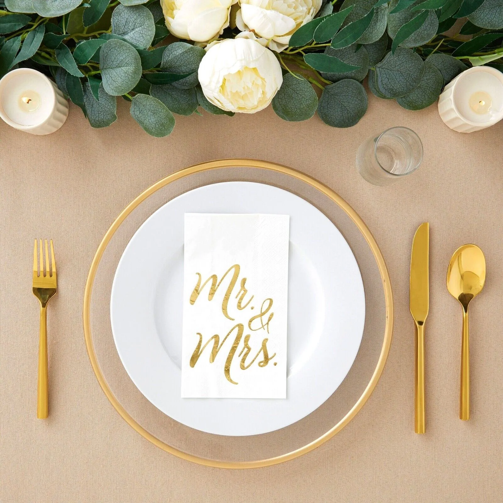 50 Pack White Mr and Mrs Dinner Napkins for Wedding, Anniversary, Gold Foil, 4x8 inches