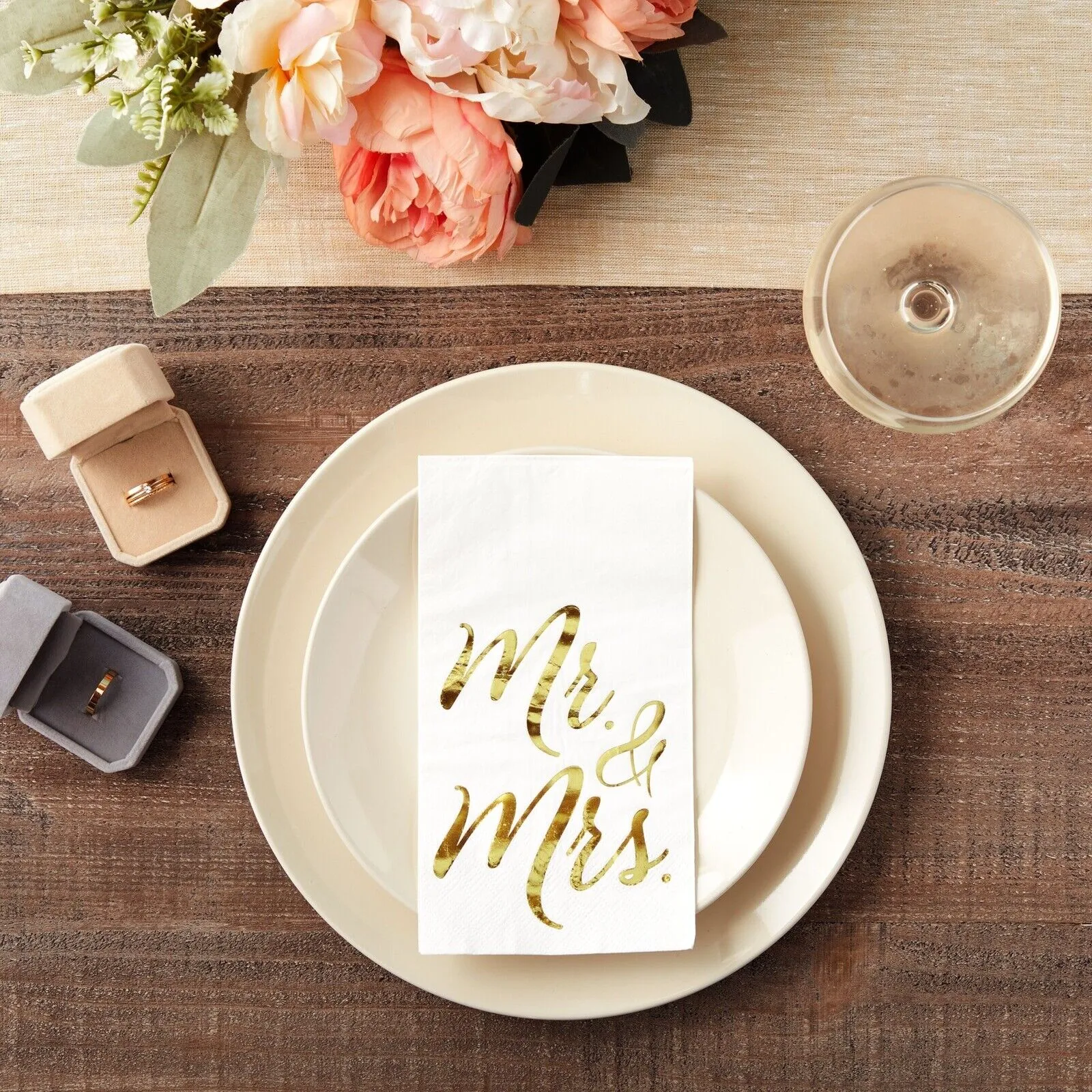 50 Pack White Mr and Mrs Dinner Napkins for Wedding, Anniversary, Gold Foil, 4x8 inches