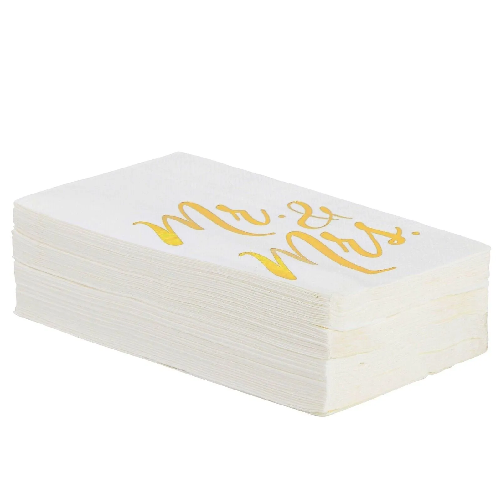 50 Pack White Mr and Mrs Dinner Napkins for Wedding, Anniversary, Gold Foil, 4x8 inches