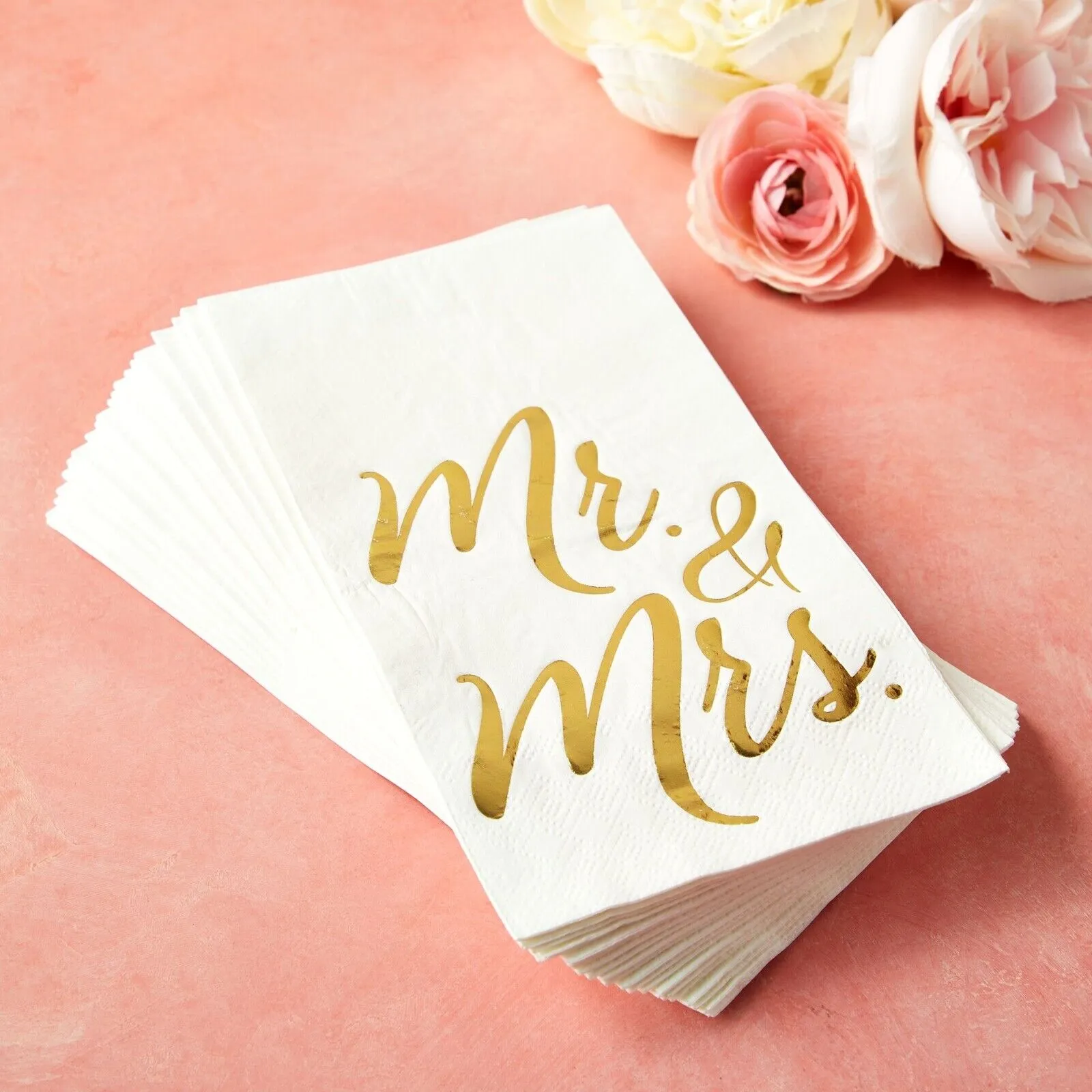 50 Pack White Mr and Mrs Dinner Napkins for Wedding, Anniversary, Gold Foil, 4x8 inches