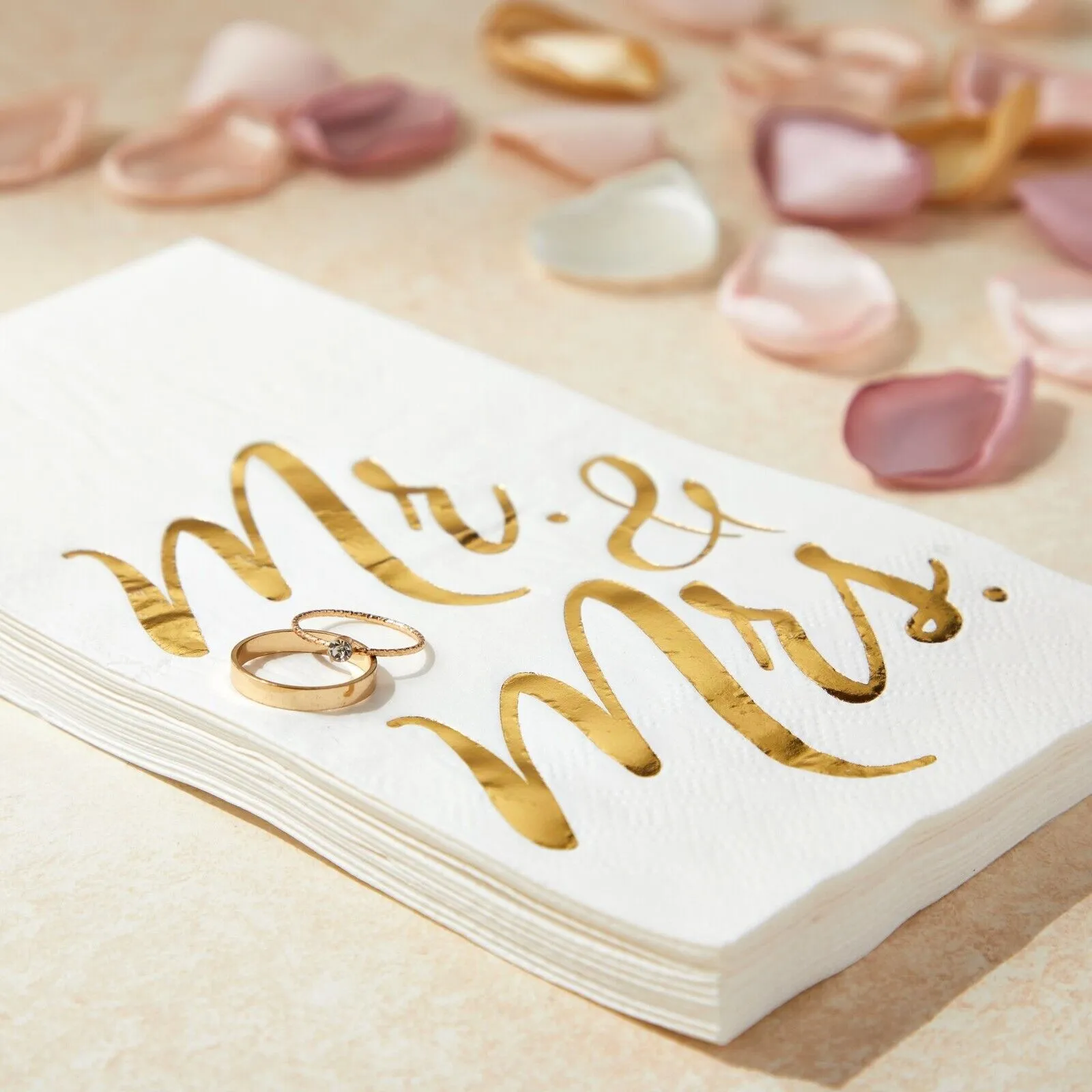 50 Pack White Mr and Mrs Dinner Napkins for Wedding, Anniversary, Gold Foil, 4x8 inches