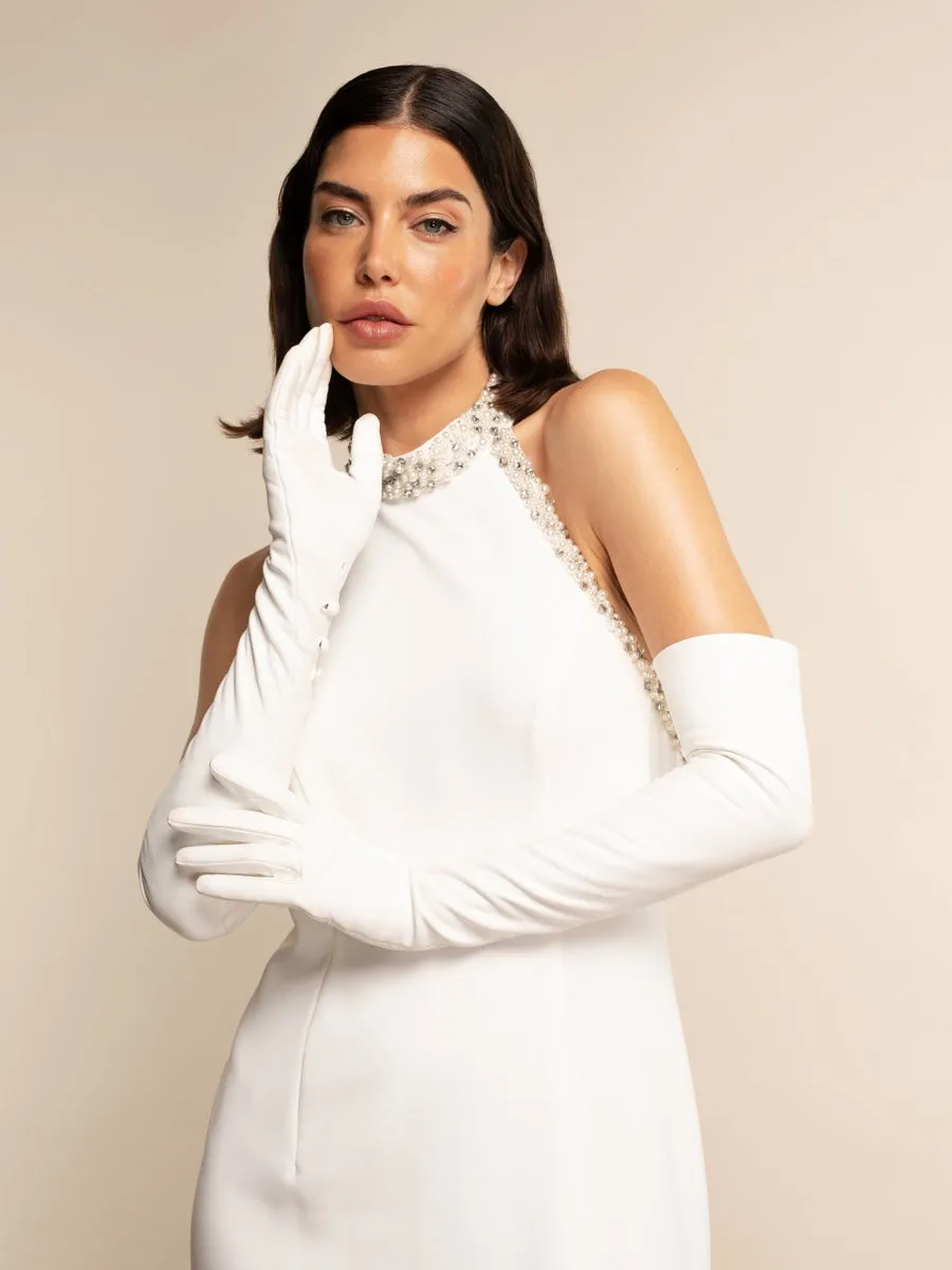 Angelina (white) - Italian silk lined 16-button length leather bridal / opera gloves