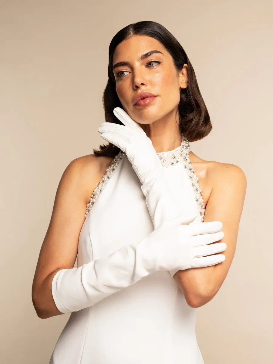 Angelina (white) - Italian silk lined 8-button length leather bridal / opera gloves