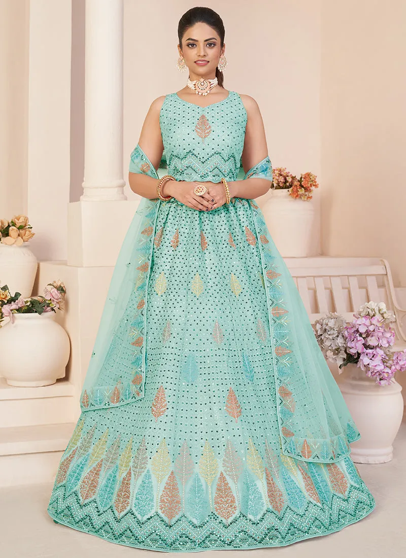 Aqua Blue Sequence Embroidery Festive Lehenga Choli