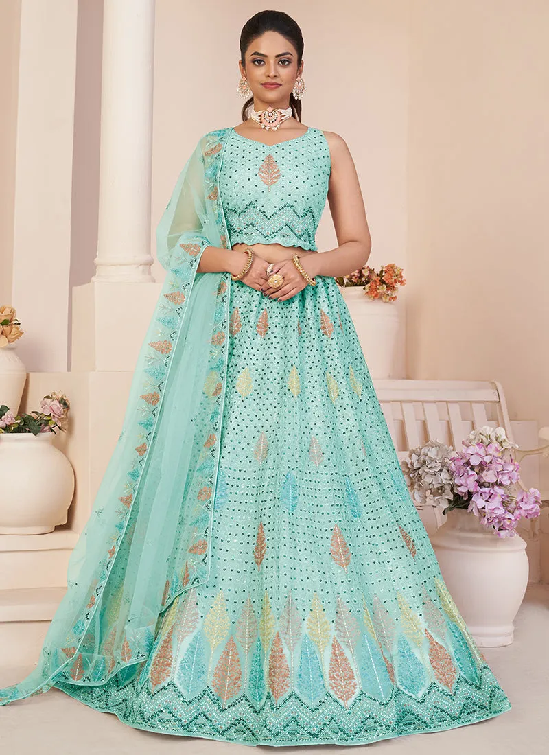 Aqua Blue Sequence Embroidery Festive Lehenga Choli