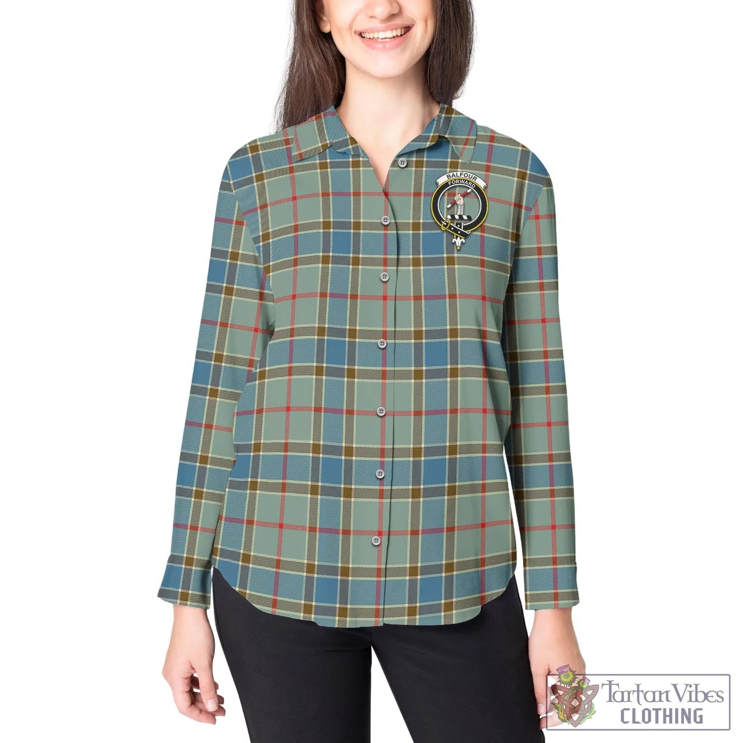 Balfour Blue Tartan Women's Casual Shirt with Family Crest