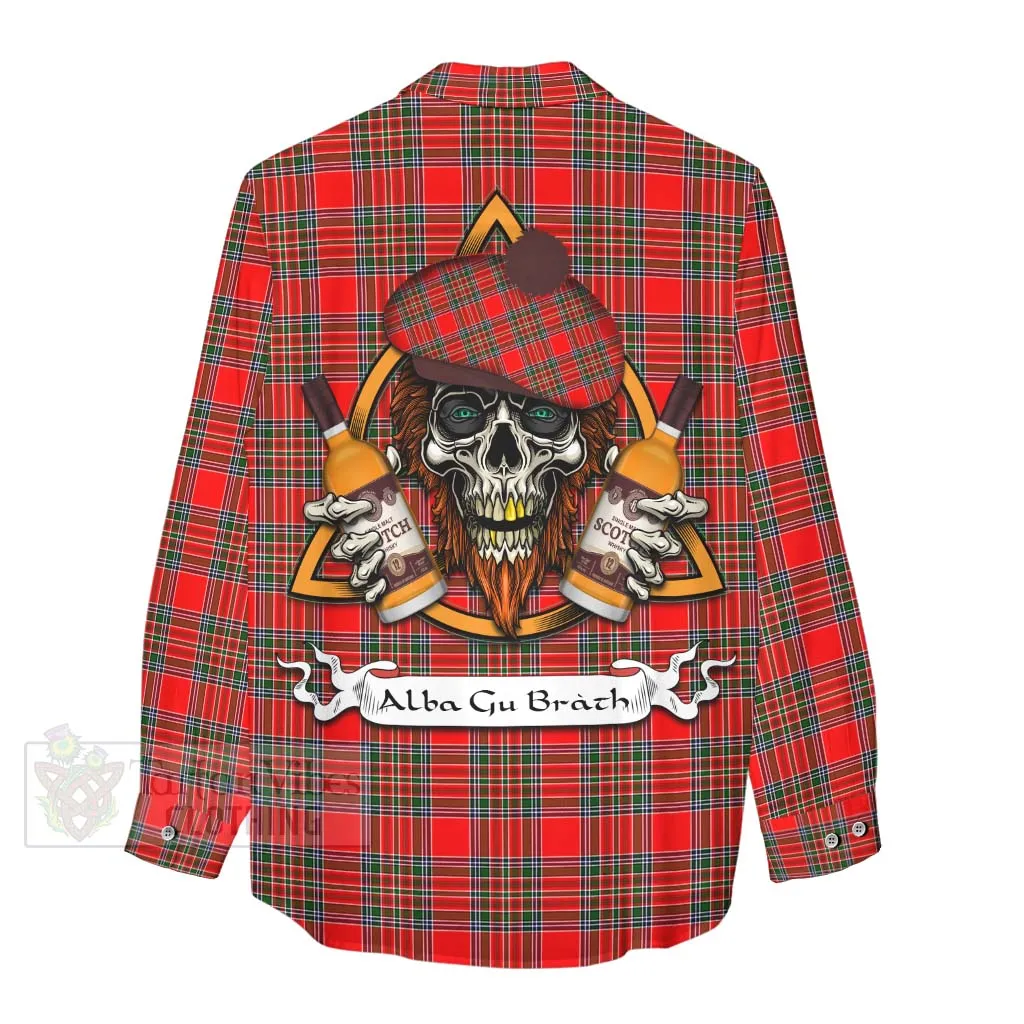 Binning Tartan Women's Casual Shirt with Family Crest and Bearded Skull Holding Bottles of Whiskey