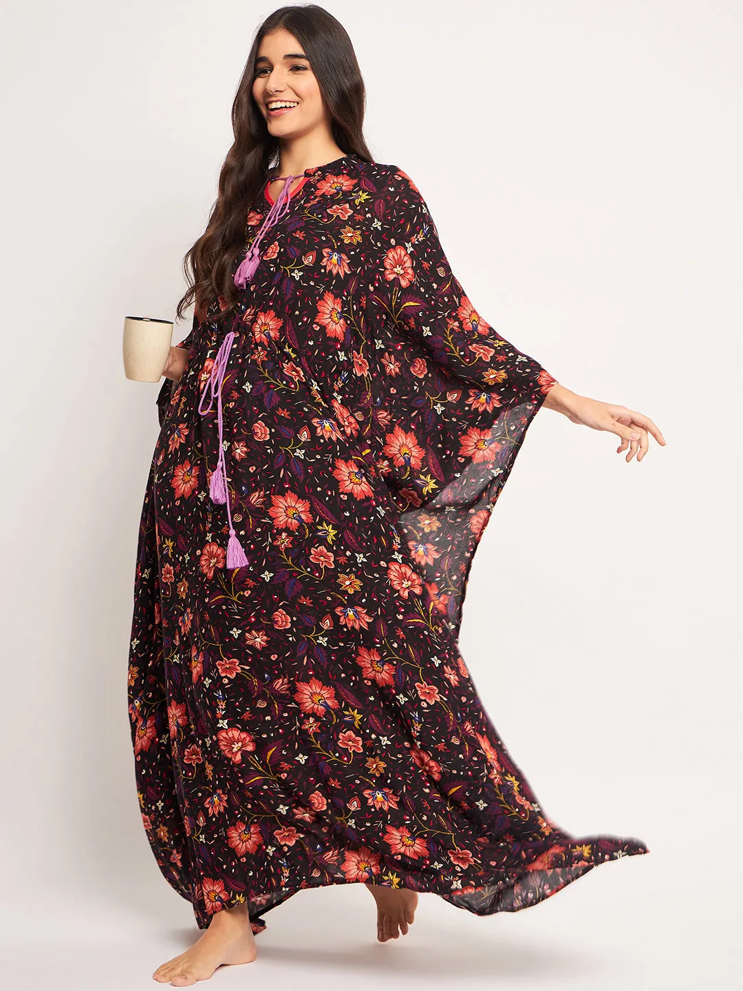 Black Floral Printed Kaftan