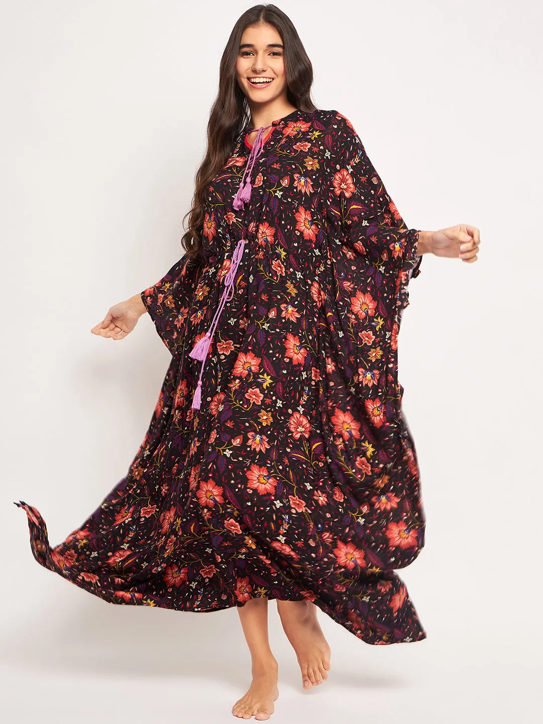 Black Floral Printed Kaftan