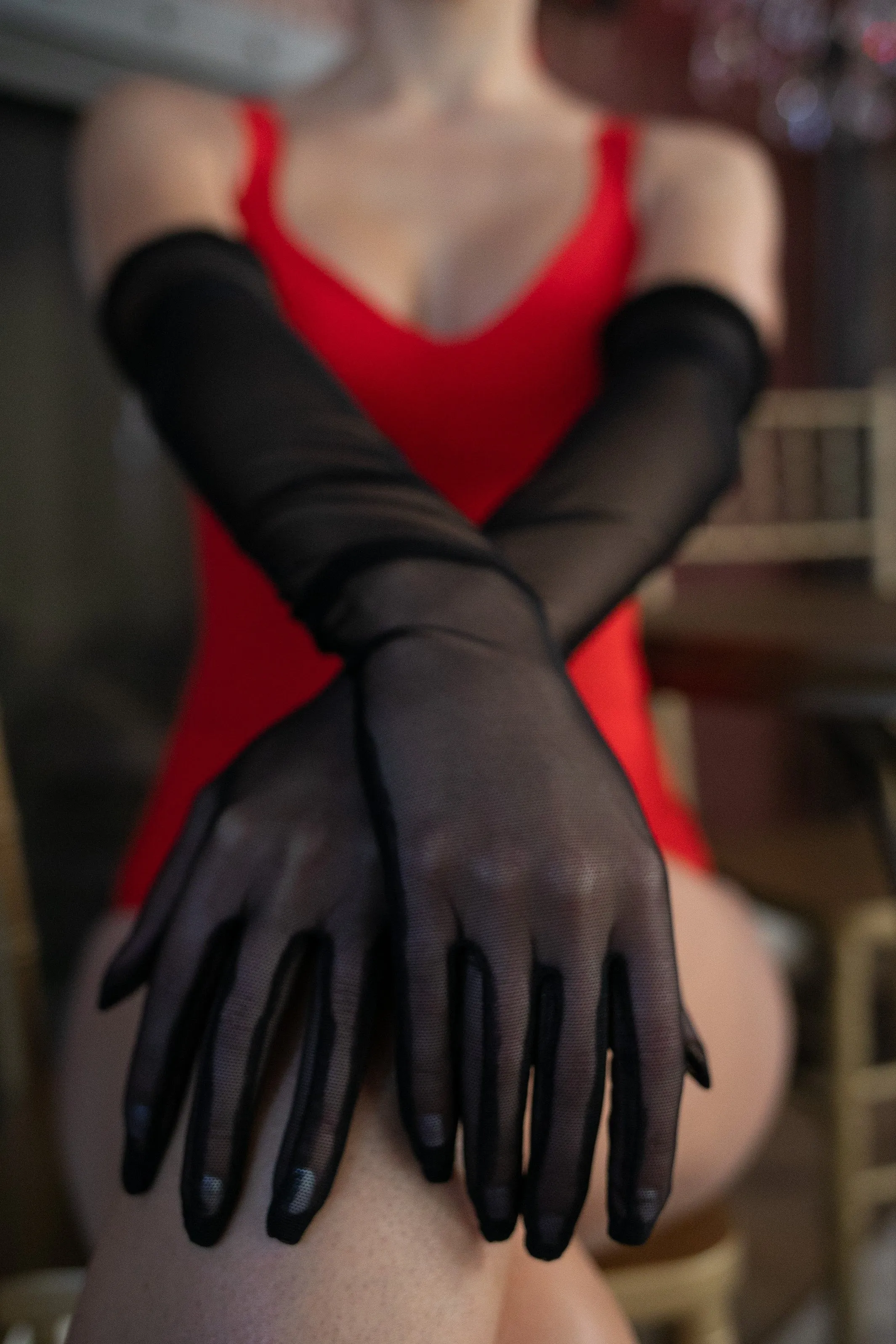 Black Opera Length Tulle Gloves