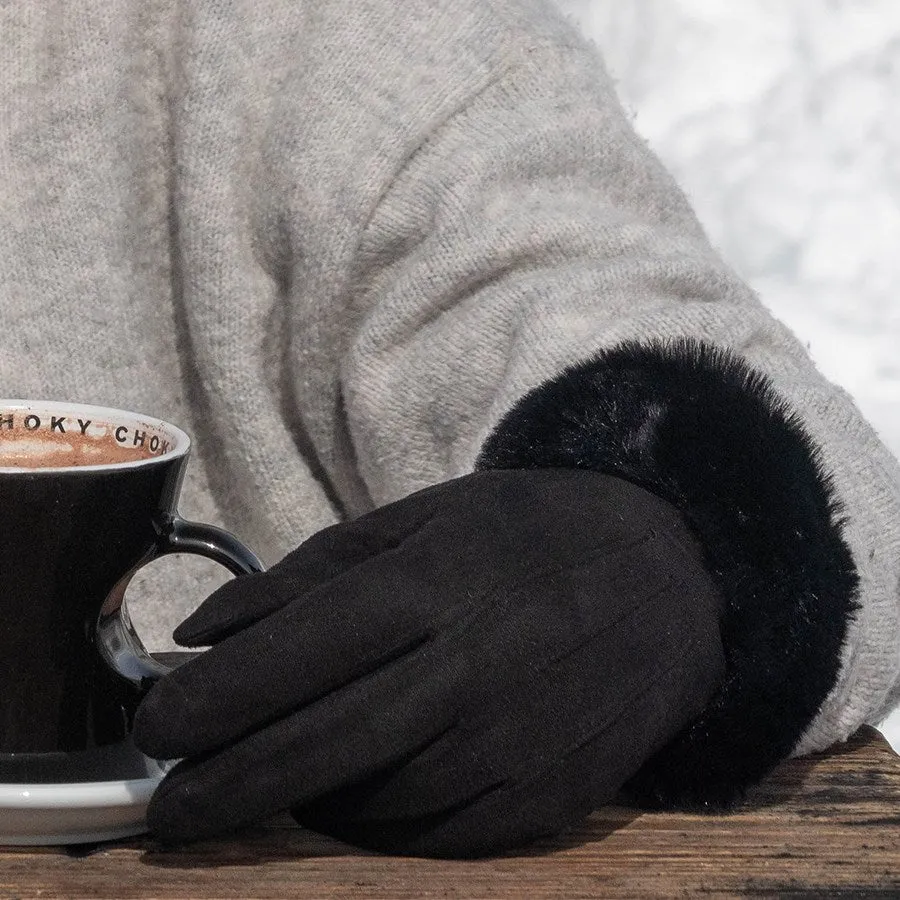 Black Suede Gloves With Faux Fur Trim