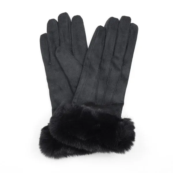 Black Suede Gloves With Faux Fur Trim