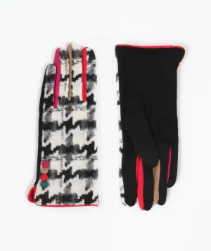 Black White Faux Suede Houndstooth Gloves with Red Trim