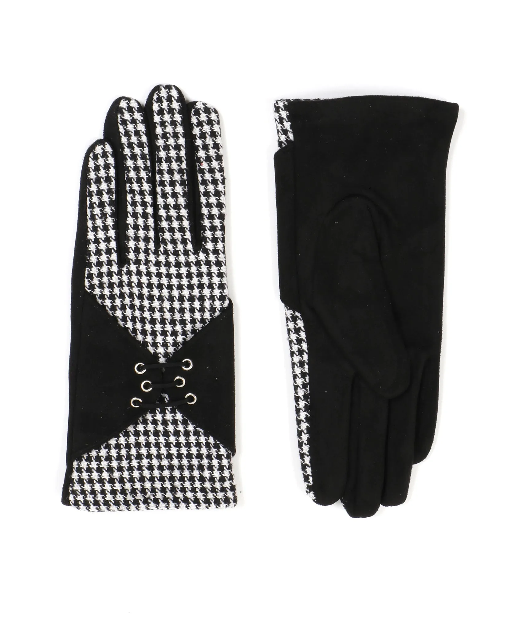 Black White Houndstooth Gloves with Laced Faux Suede Embellishment