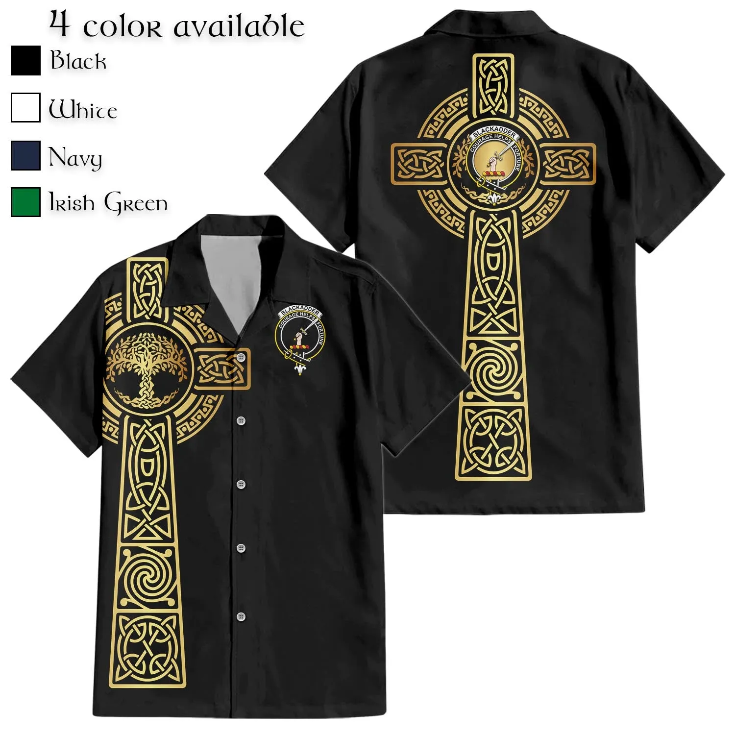 Blackadder Clan Mens Short Sleeve Button Up Shirt with Golden Celtic Tree Of Life