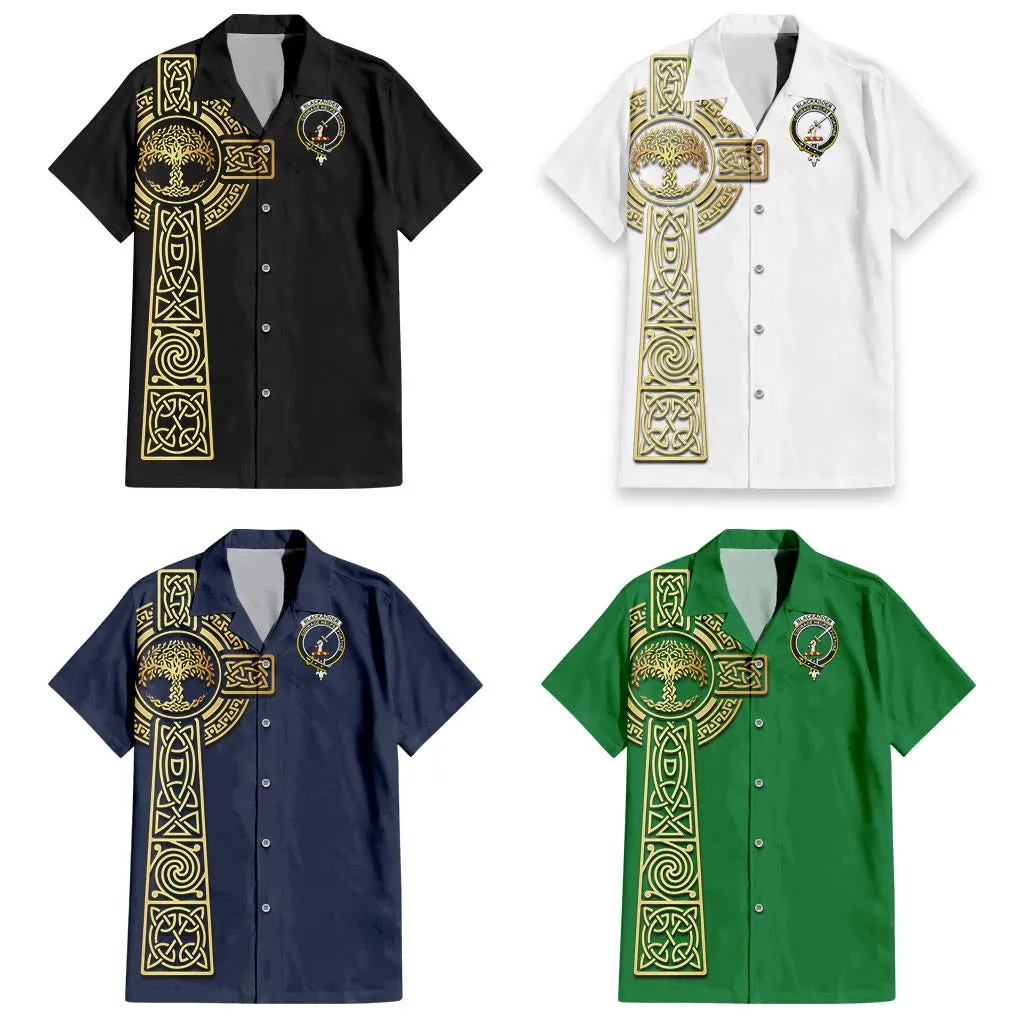 Blackadder Clan Mens Short Sleeve Button Up Shirt with Golden Celtic Tree Of Life