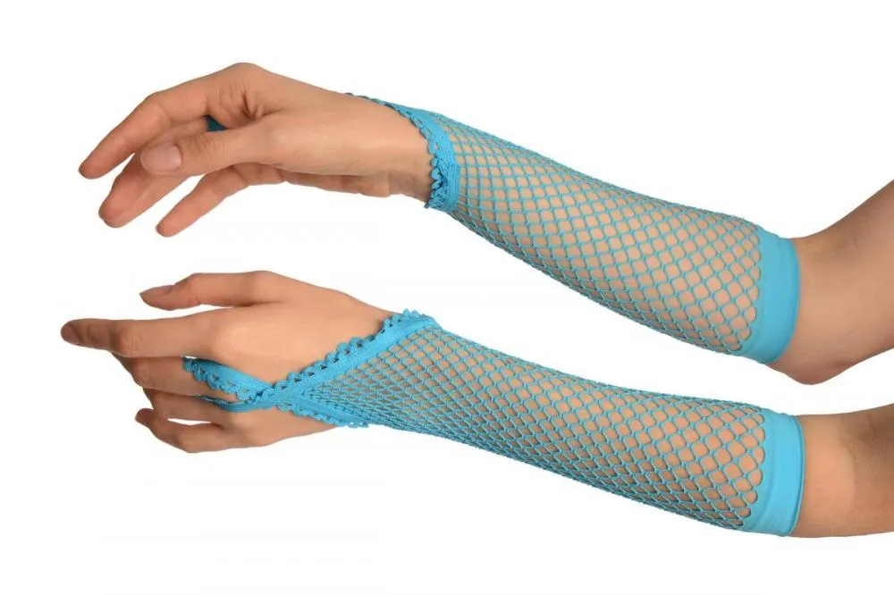 Blue Finger Loop Fishnet Party Gloves