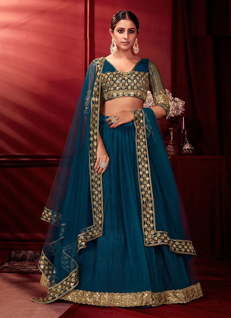 Blue Golden Embroidered Designer Lehenga Choli With Dupatta