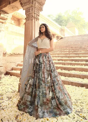 Brownish Grey Prism Embroidered Lehenga With Cream Blouse