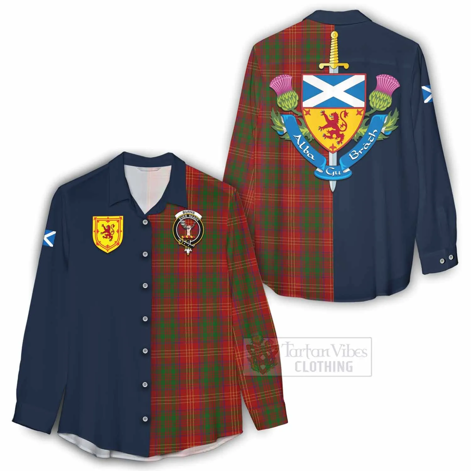 Burns Tartan Women's Casual Shirt Alba with Scottish Lion Royal Arm Half Style