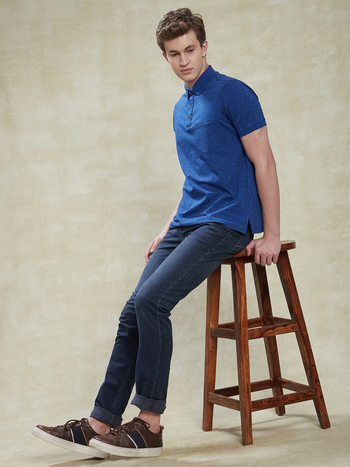 Cotton Stretch Royal Blue POLO Half Sleeve Casual Mens Printed T-Shirt