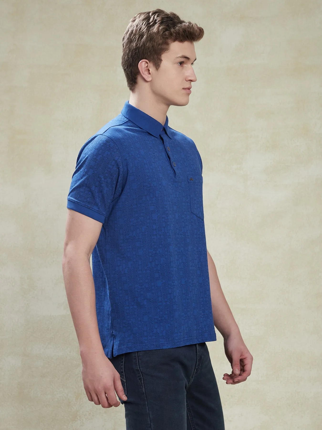 Cotton Stretch Royal Blue POLO Half Sleeve Casual Mens Printed T-Shirt