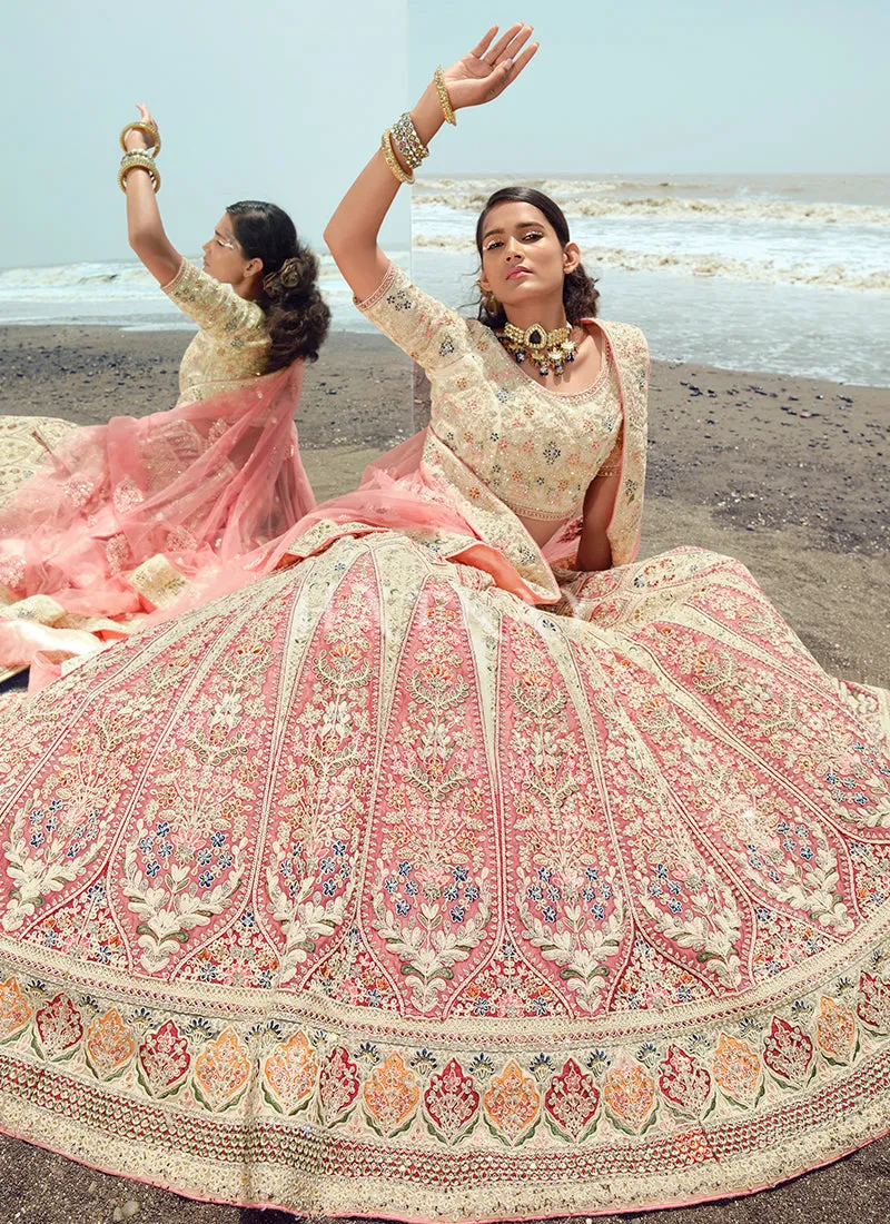 Cream And Pink Zarkan Embroidered Designer Lehenga Choli