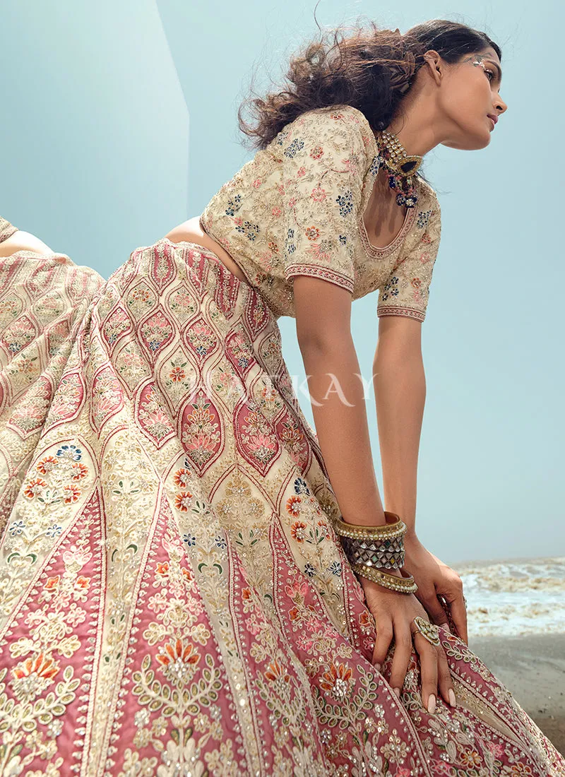 Cream And Pink Zarkan Embroidered Designer Lehenga Choli