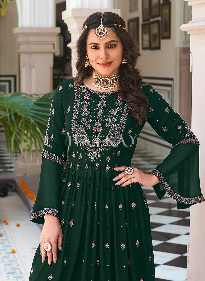 Dark Green Multi Embroidered Traditional Gharara Suit