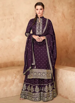 Deep Purple Golden Zari Embroidered Sharara Style Suit