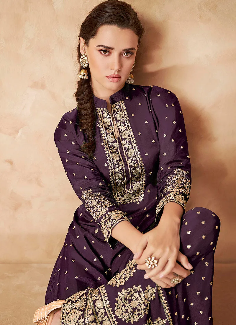 Deep Purple Golden Zari Embroidered Sharara Style Suit