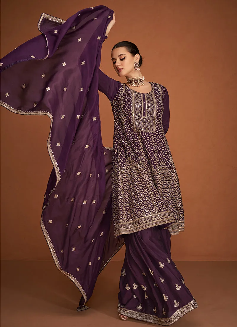 Deep Purple Sequence Embroidery Sharara Style Suit