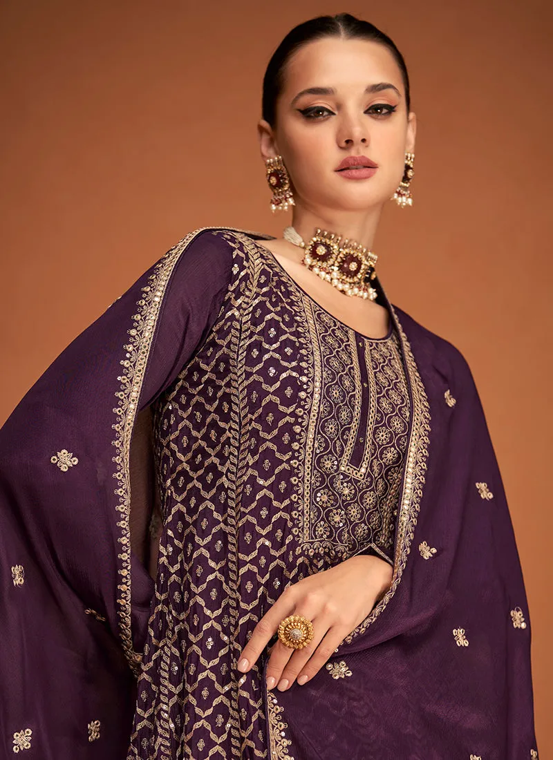 Deep Purple Sequence Embroidery Sharara Style Suit