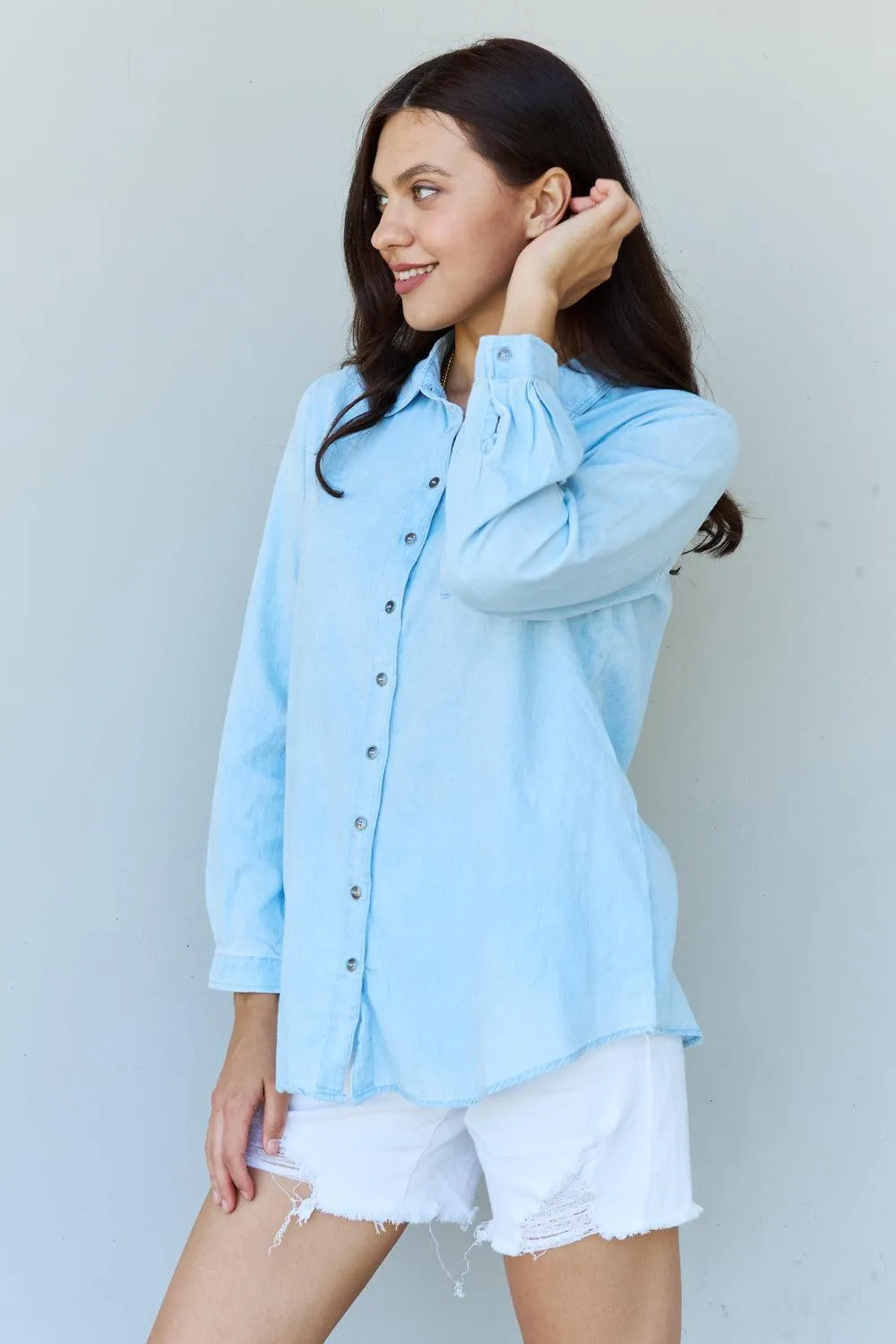 Denim Button Down Shirt Top in Light Blue