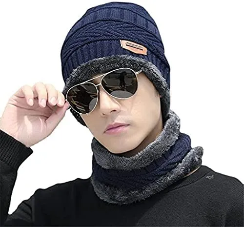 DIGITAL SHOPEE Winter Knit Beanie Cap Hat Neck Warmer Scarf and Woolen Gloves Set Skull Cap for Men/Women - (3 Piece Set, Navy Blue)