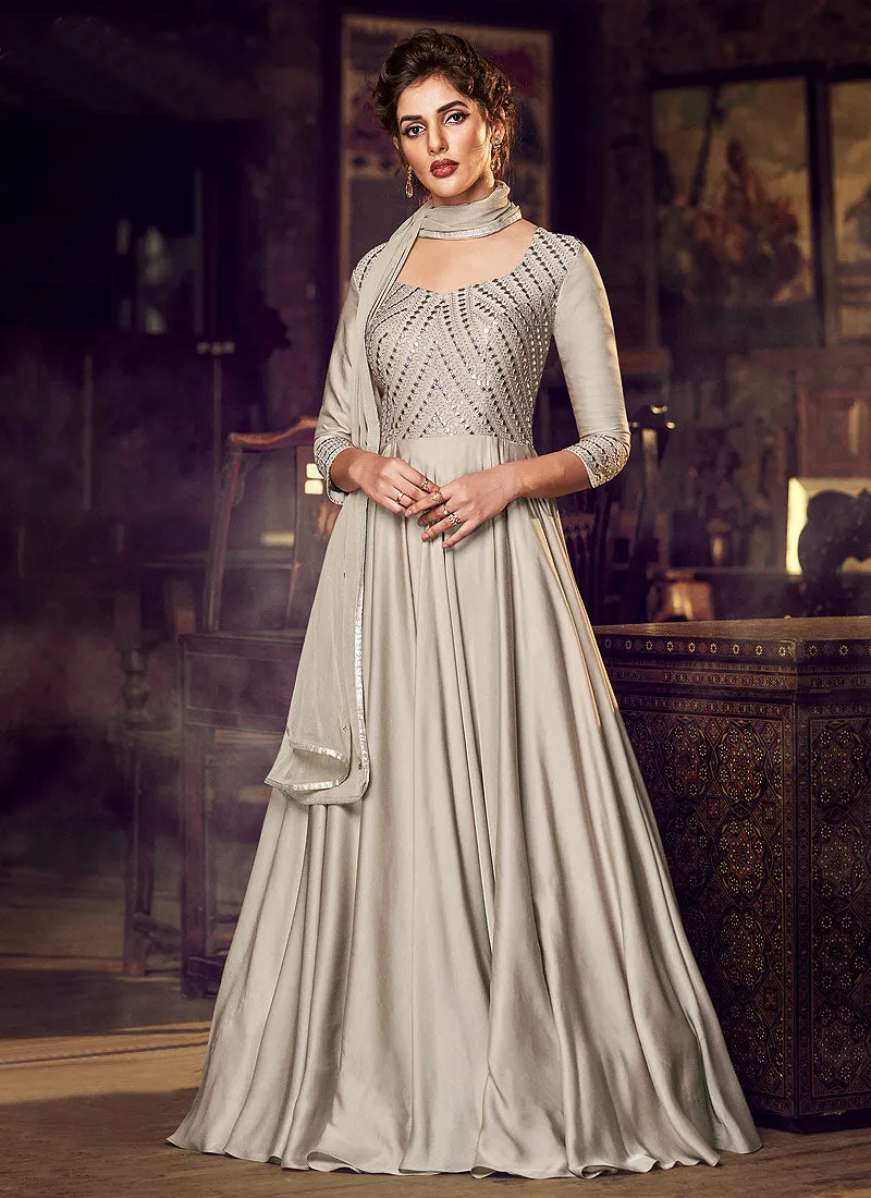 Dusky Cream Minimalist Embroidered Designer Gown