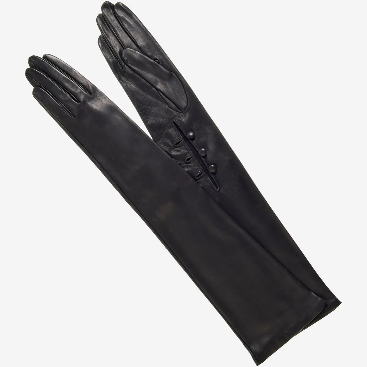 Elena (black) - Italian silk lined 16-button length leather opera gloves