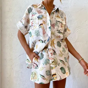 Fish Print Short Sleeve Yacht Vacation Style