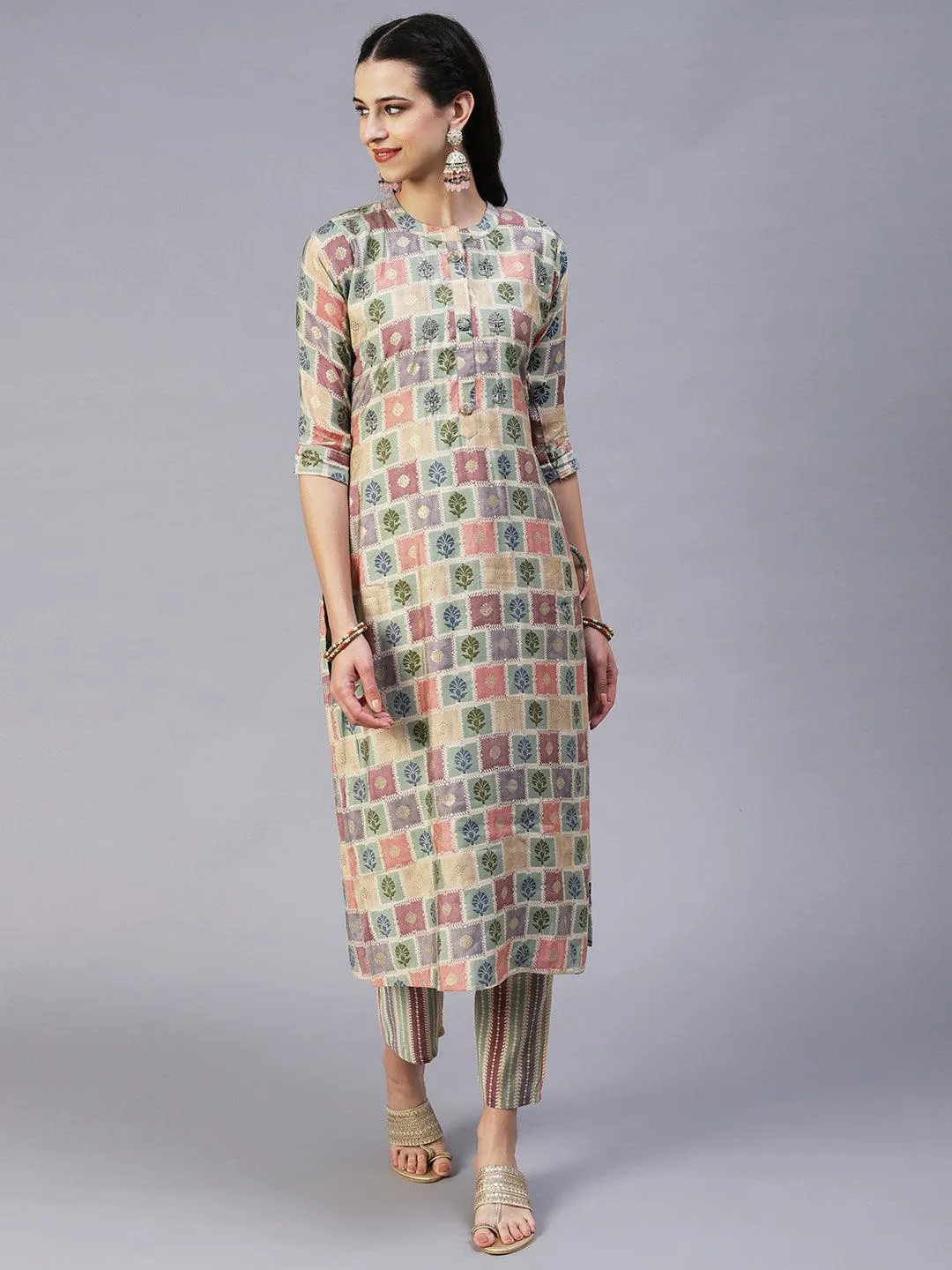 Floral Brick Printed Hand Embroidered Kurta With Pants & Dupatta - Multi