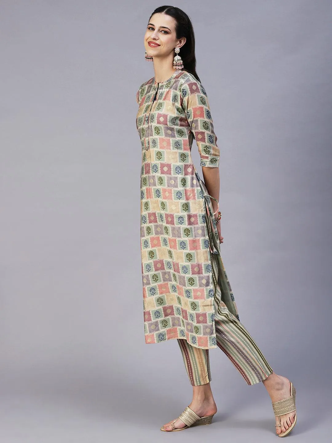 Floral Brick Printed Hand Embroidered Kurta With Pants & Dupatta - Multi