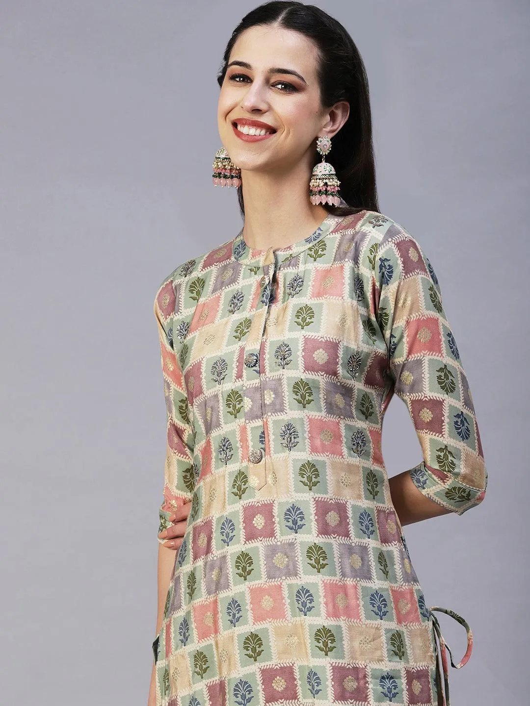 Floral Brick Printed Hand Embroidered Kurta With Pants & Dupatta - Multi