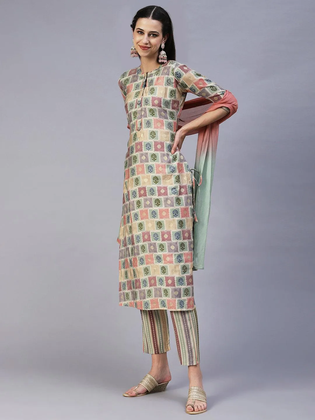 Floral Brick Printed Hand Embroidered Kurta With Pants & Dupatta - Multi