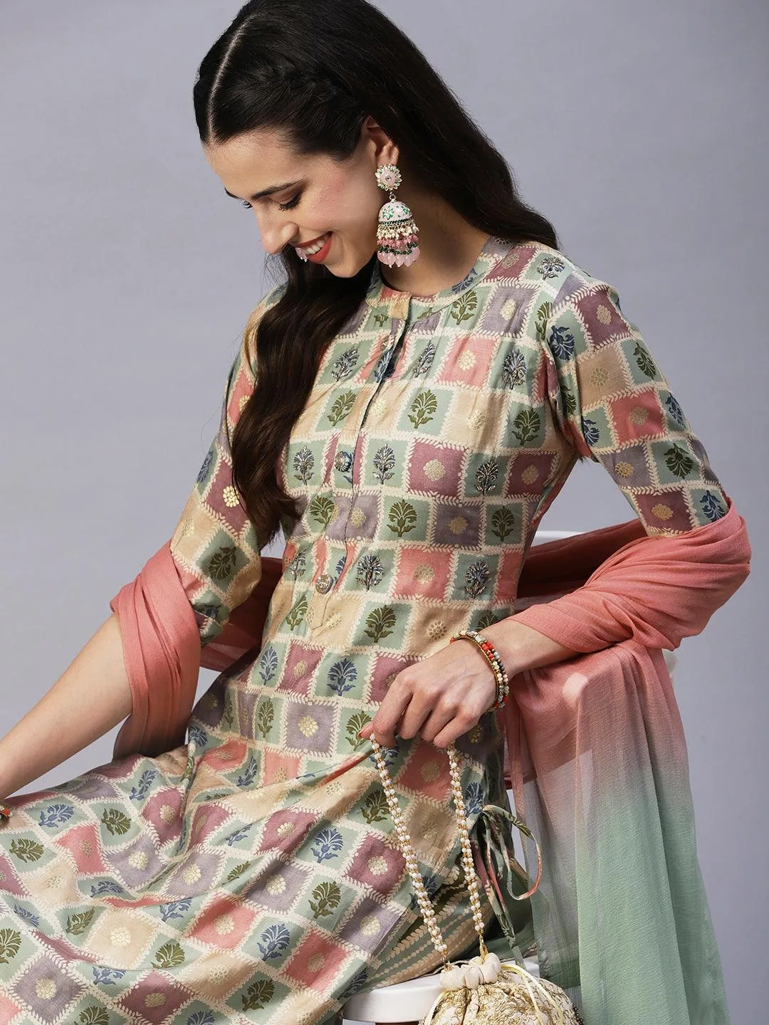 Floral Brick Printed Hand Embroidered Kurta With Pants & Dupatta - Multi