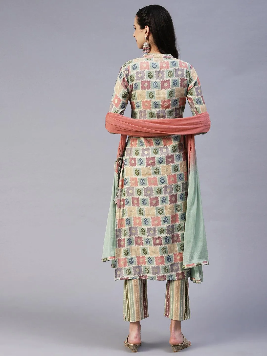 Floral Brick Printed Hand Embroidered Kurta With Pants & Dupatta - Multi