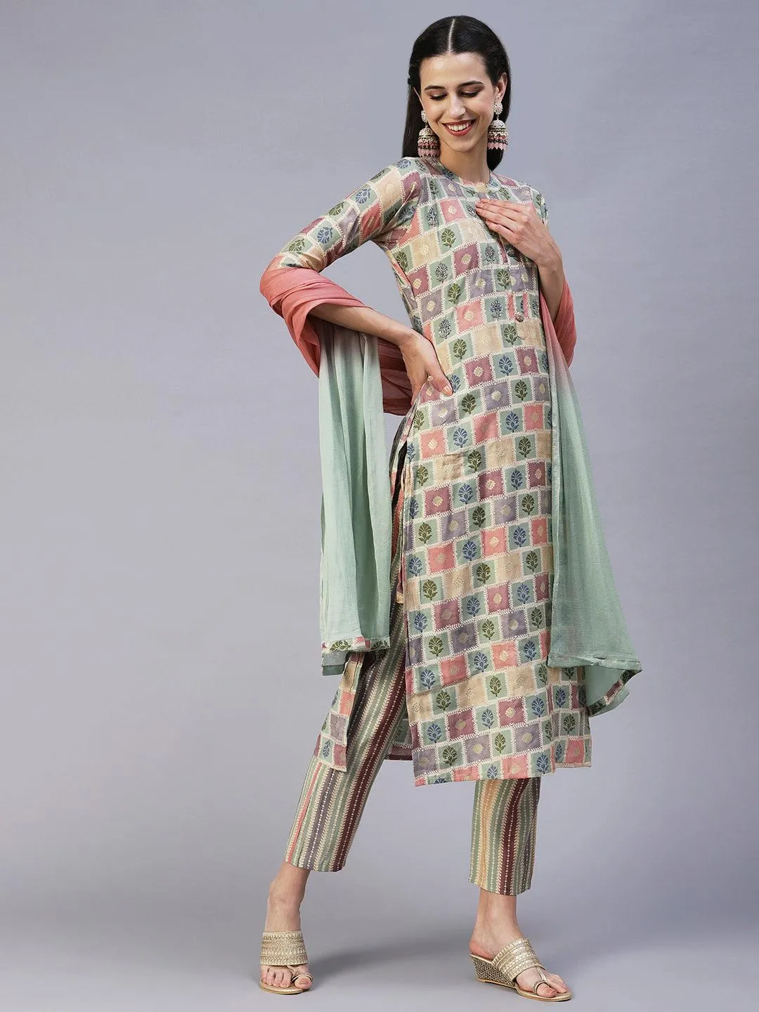 Floral Brick Printed Hand Embroidered Kurta With Pants & Dupatta - Multi