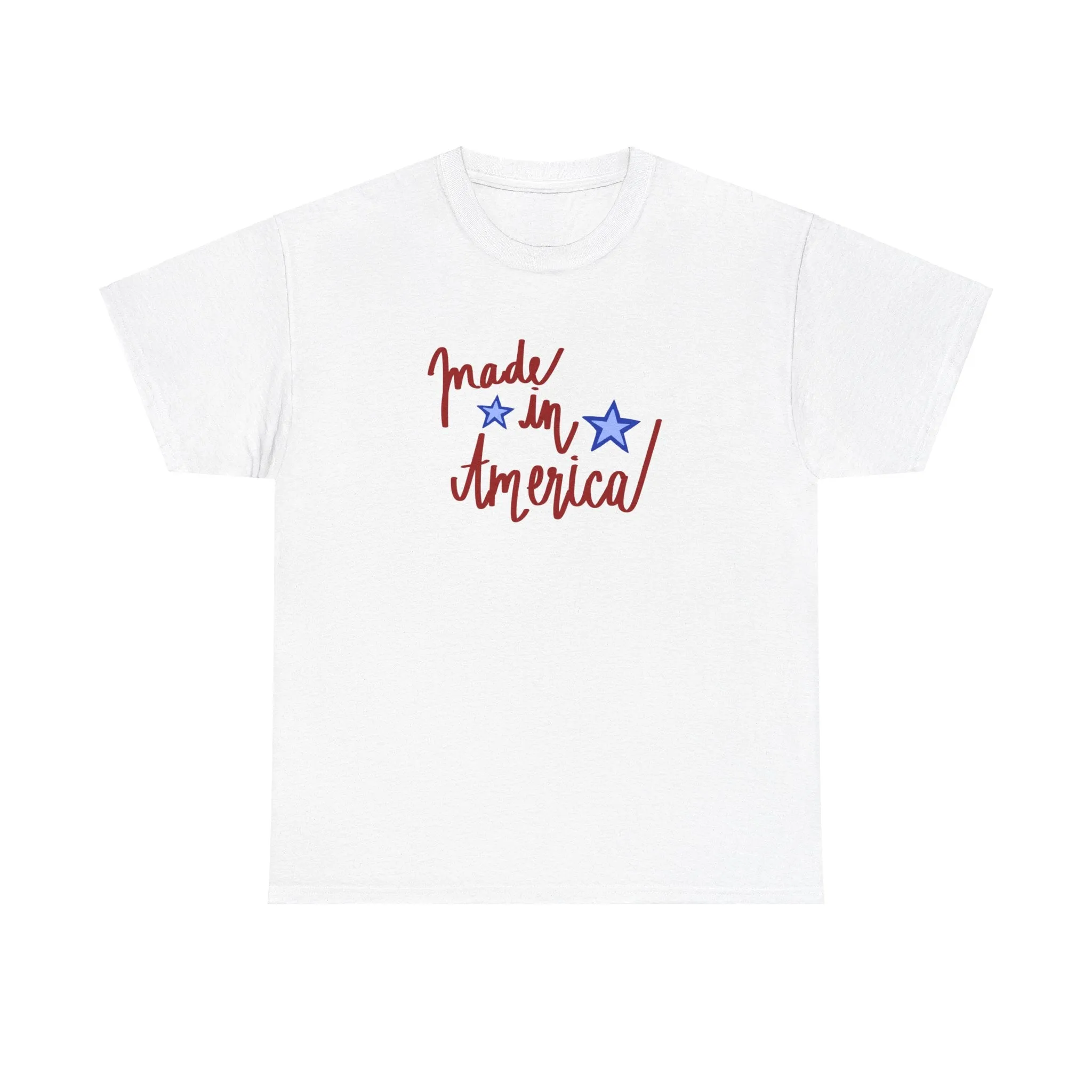 Fourth of July White T-shirt with Patriotic 'Made in America' Print and Star Designs