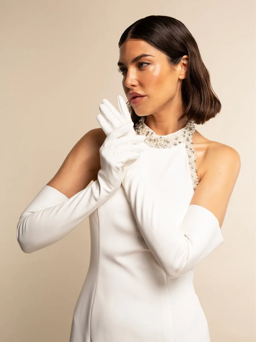 Gabriella (white) - Italian unlined 16-button length leather bridal / opera gloves