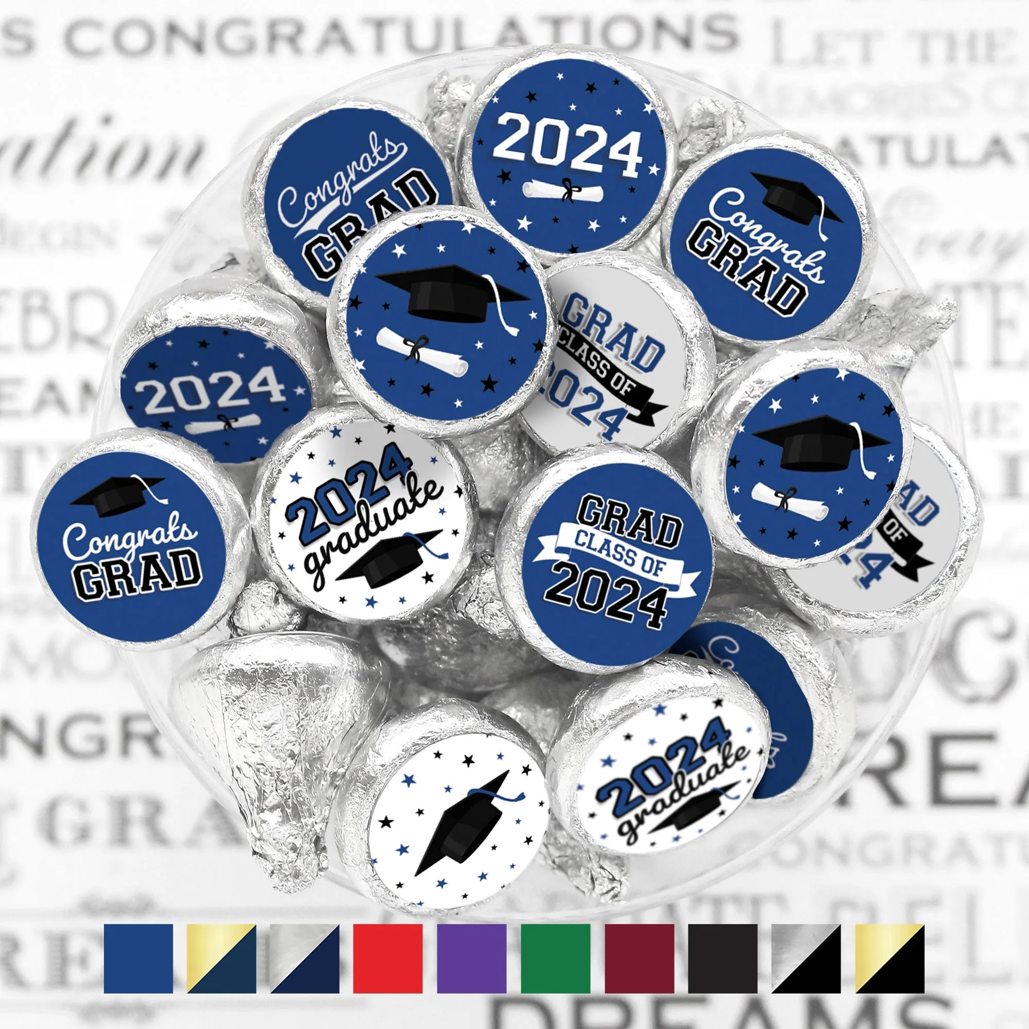 Graduation Class of 2024: Graduation Party Favors - Fits on Hershey® Kisses - 10 School Colors - 180 Stickers