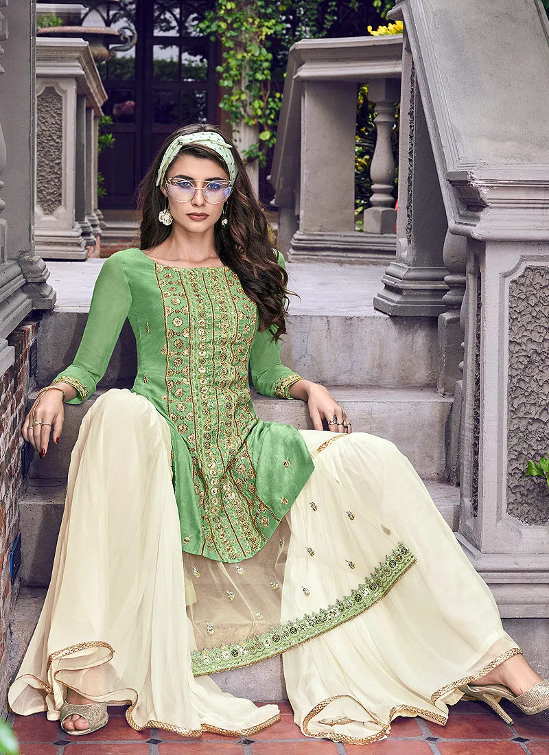 Green And Beige Layer Embroidered Gharara Suit Set